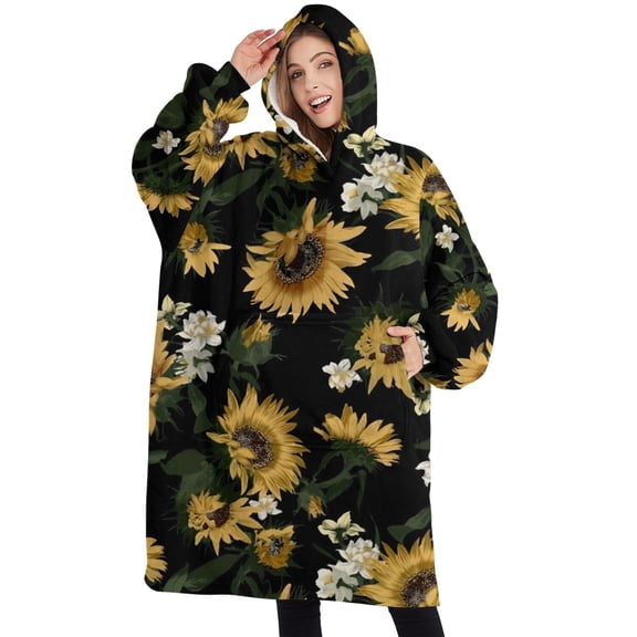 Oversized Wearable Blanket Hoodie,Black Sunflower White Flower Pattern Sherpa Blanket Hoodie with Super Pockets,Super Warm Fuzzy Pullover for Women & Men