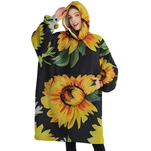 Oversized Wearable Blanket Hoodie,Black Sunflower White Flower Pattern Sherpa Blanket Hoodie with Super Pockets,Super Warm Fuzzy Pullover for Women & Men