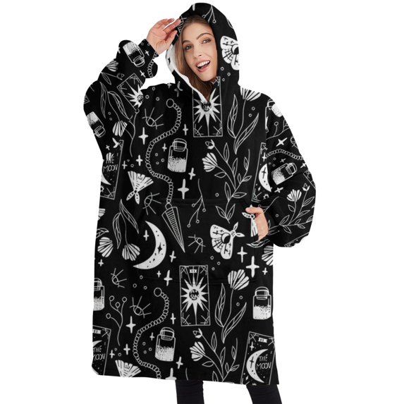 Oversized Wearable Blanket Hoodie,Black Tarot Moon Moth Pattern Sherpa Blanket Hoodie with Super Pockets,Super Warm Fuzzy Pullover for Women & Men