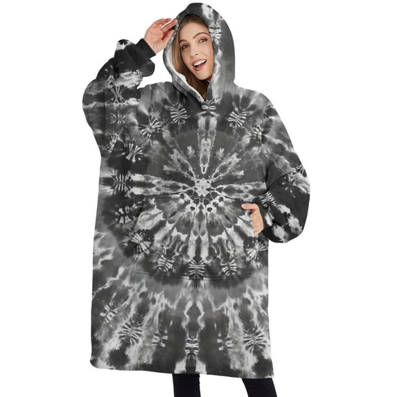 Oversized Wearable Blanket Hoodie,Black Tie Dye Pattern Sherpa Blanket Hoodie with Super Pockets,Super Warm Fuzzy Pullover for Women & Men