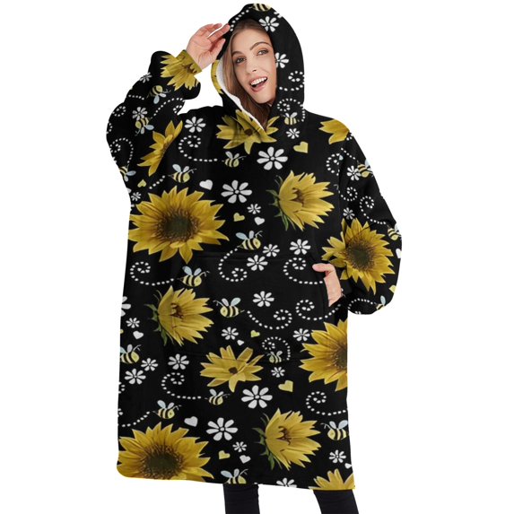 Oversized Wearable Blanket Hoodie,Black White Bee Heart Sunflower Pattern Sherpa Blanket Hoodie with Super Pockets,Super Warm Fuzzy Pullover for Women & Men