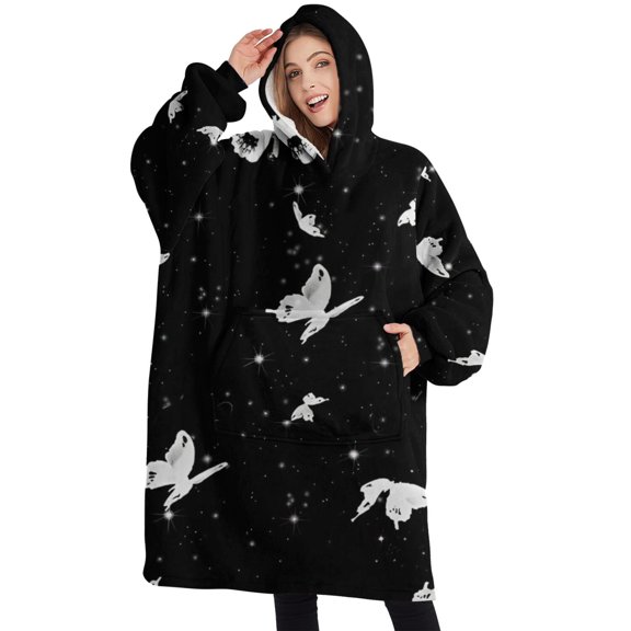 Oversized Wearable Blanket Hoodie,Black White Butterfly Star Pattern Sherpa Blanket Hoodie with Super Pockets,Super Warm Fuzzy Pullover for Women & Men
