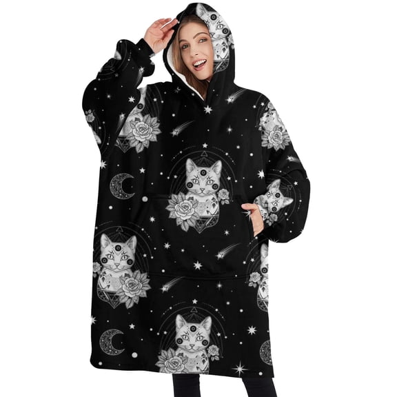Oversized Wearable Blanket Hoodie,Black White Cat Rose Moon Star Pattern Sherpa Blanket Hoodie with Super Pockets,Super Warm Fuzzy Pullover for Women & Men