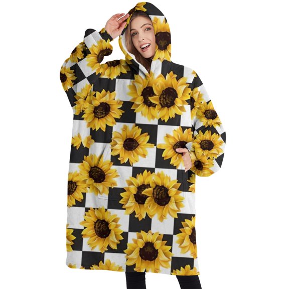 Oversized Wearable Blanket Hoodie,Black White Checker Sunflower Pattern Sherpa Blanket Hoodie with Super Pockets,Super Warm Fuzzy Pullover for Women & Men