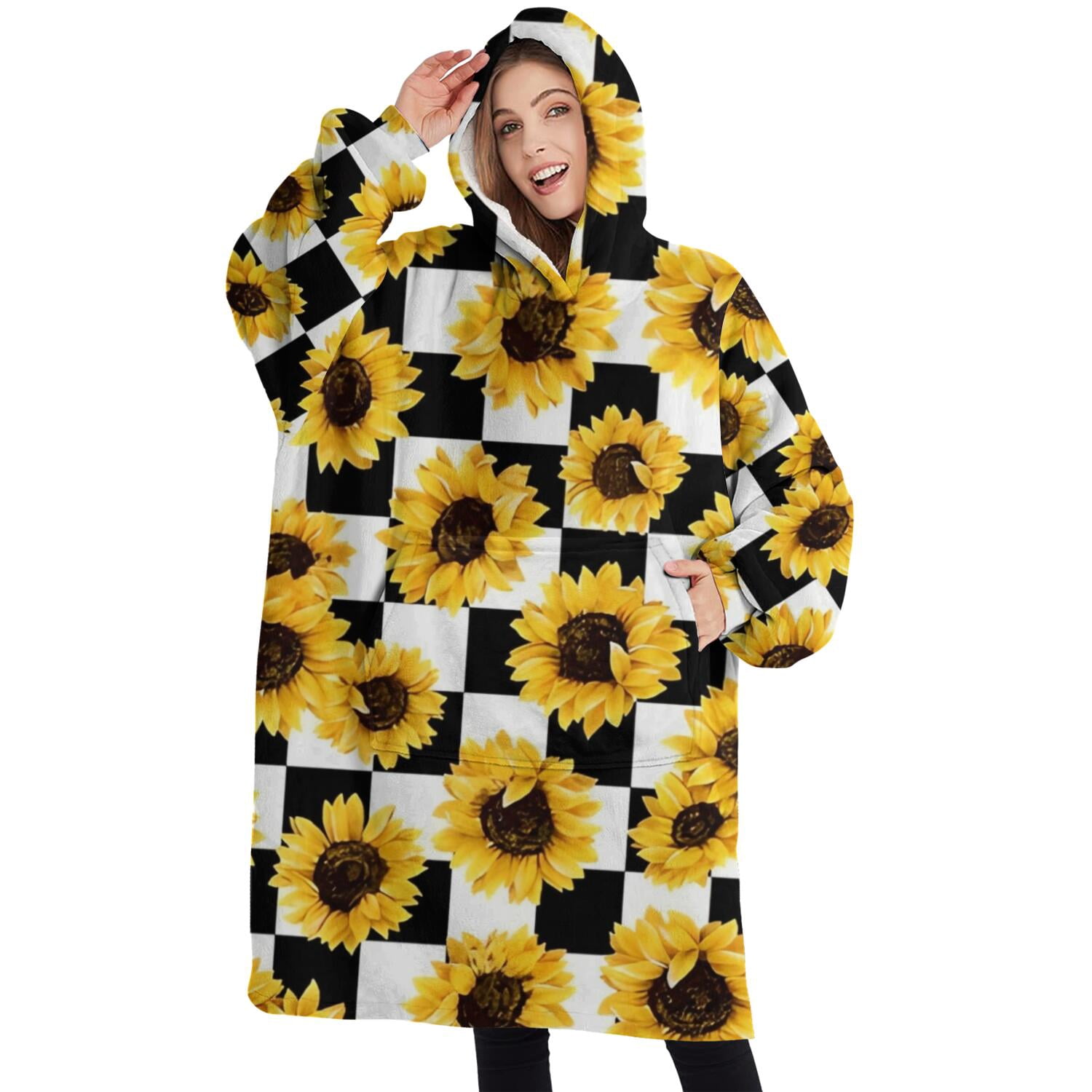Oversized Wearable Blanket Hoodie,Black White Checker Sunflower Pattern Sherpa Blanket Hoodie with Super Pockets,Super Warm Fuzzy Pullover for Women & Men