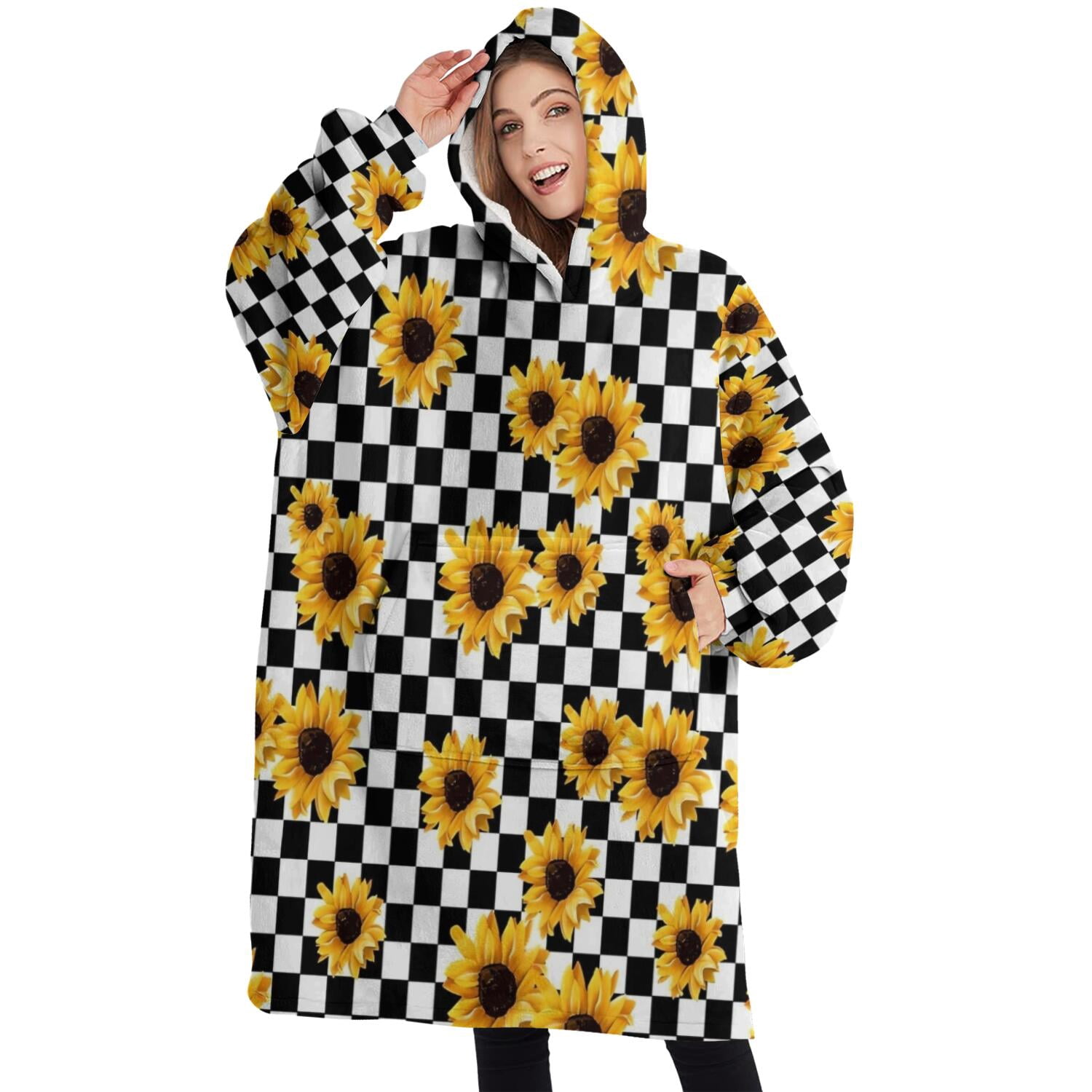 Oversized Wearable Blanket Hoodie,Black White Checker Sunflower Pattern Sherpa Blanket Hoodie with Super Pockets,Super Warm Fuzzy Pullover for Women & Men