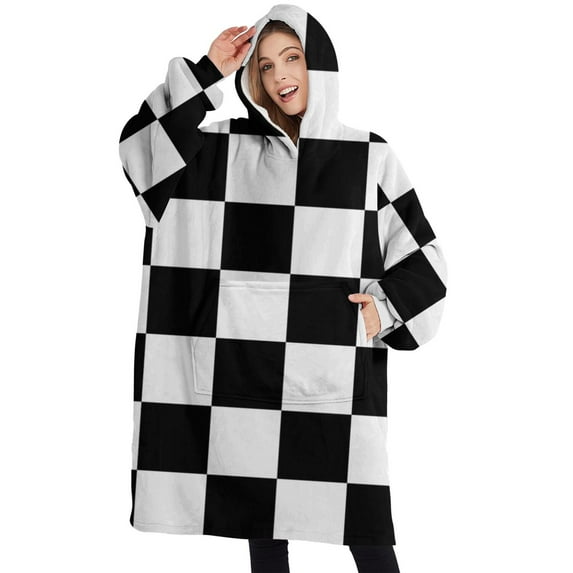 Oversized Wearable Blanket Hoodie,Black and White Checkered Pattern Sherpa Blanket Hoodie with Super Pockets,Super Warm Fuzzy Pullover for Women & Men