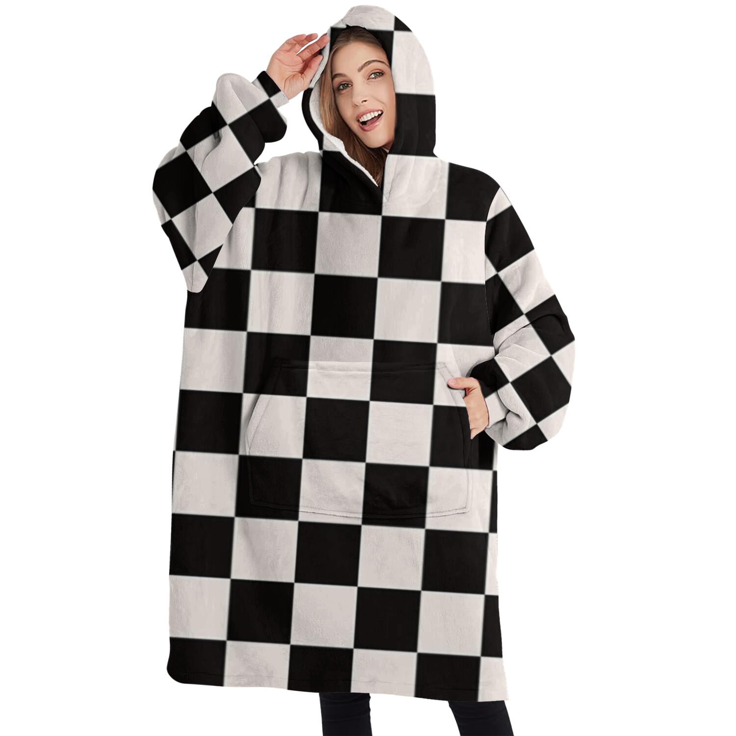 Oversized Wearable Blanket Hoodie,Black and White Checkered Pattern Sherpa Blanket Hoodie with Super Pockets,Super Warm Fuzzy Pullover for Women & Men