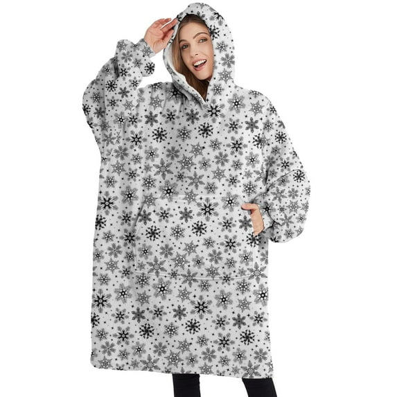 Oversized Wearable Blanket Hoodie,Black and White Christmas Snowflake Pattern Sherpa Blanket Hoodie with Super Pockets,Super Warm Fuzzy Pullover for Women & Men