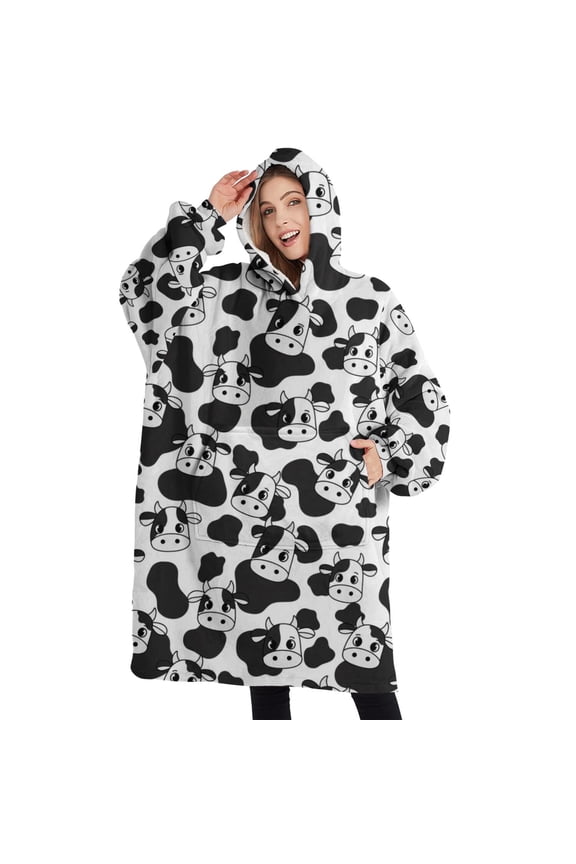 Oversized Wearable Blanket Hoodie,Black White Cow Pattern Sherpa Blanket Hoodie with Super Pockets,Super Warm Fuzzy Pullover for Women & Men