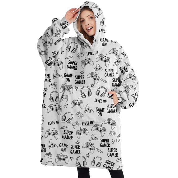 Oversized Wearable Blanket Hoodie,Black White Games Text White Pattern Sherpa Blanket Hoodie with Super Pockets,Super Warm Fuzzy Pullover for Women & Men