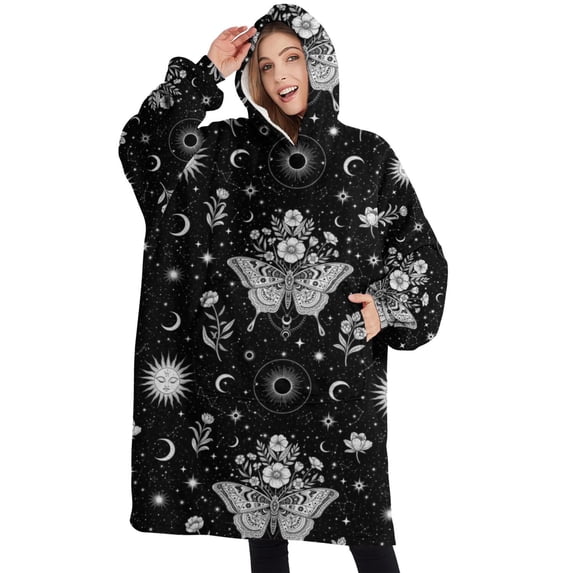 Oversized Wearable Blanket Hoodie,Black White Gothic Butterfly Sun Moon Flower Pattern Sherpa Blanket Hoodie with Super Pockets,Super Warm Fuzzy Pullover for Women & Men
