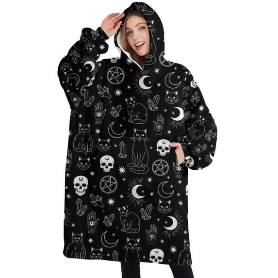 Oversized Wearable Blanket Hoodie,Black White Gothic Cat Skull Moon Pattern Sherpa Blanket Hoodie with Super Pockets,Super Warm Fuzzy Pullover for Women & Men