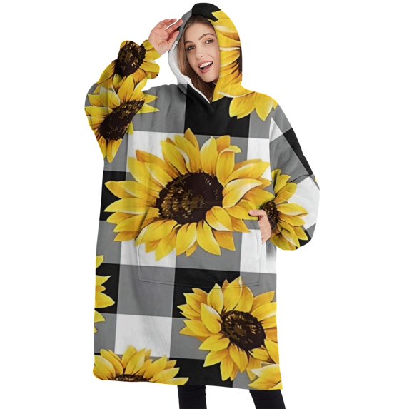 Oversized Wearable Blanket Hoodie,Black White Gray Checker Sunflower Pattern Sherpa Blanket Hoodie with Super Pockets,Super Warm Fuzzy Pullover for Women & Men
