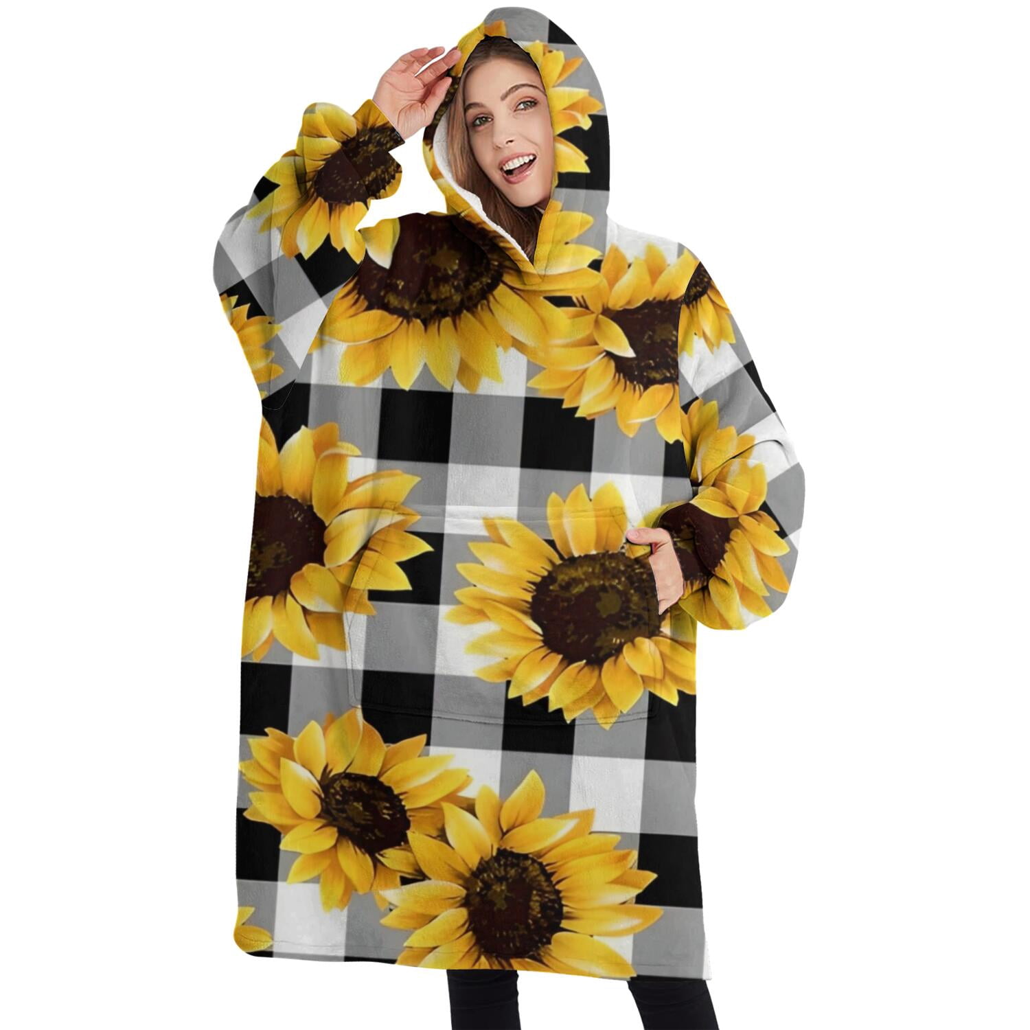 Oversized Wearable Blanket Hoodie,Black White Gray Checker Sunflower Pattern Sherpa Blanket Hoodie with Super Pockets,Super Warm Fuzzy Pullover for Women & Men