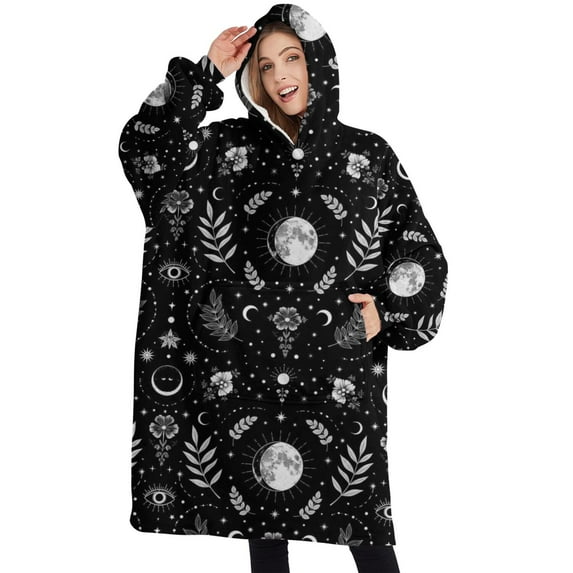 Oversized Wearable Blanket Hoodie,Black White Moon Leaf Flower Eye Pattern Sherpa Blanket Hoodie with Super Pockets,Super Warm Fuzzy Pullover for Women & Men