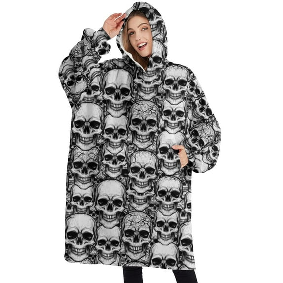 Oversized Wearable Blanket Hoodie,Black White Skull Stack Pattern Sherpa Blanket Hoodie with Super Pockets,Super Warm Fuzzy Pullover for Women & Men