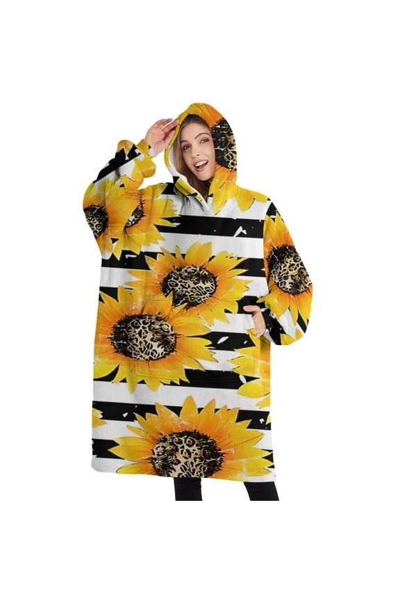 Oversized Wearable Blanket Hoodie,Black White Stripe Leopard Sunflower Pattern Sherpa Blanket Hoodie with Super Pockets,Super Warm Fuzzy Pullover for Women & Men