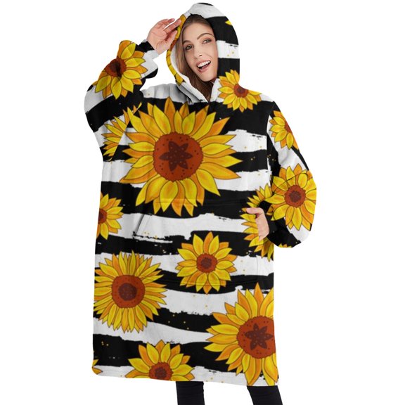 Oversized Wearable Blanket Hoodie,Black White Stripe Sunflower Pattern Sherpa Blanket Hoodie with Super Pockets,Super Warm Fuzzy Pullover for Women & Men