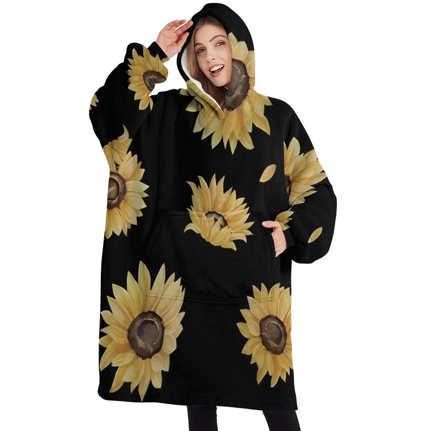 Oversized Wearable Blanket Hoodie,Black Yellow Sunflower Pattern Sherpa Blanket Hoodie with Super Pockets,Super Warm Fuzzy Pullover for Women & Men