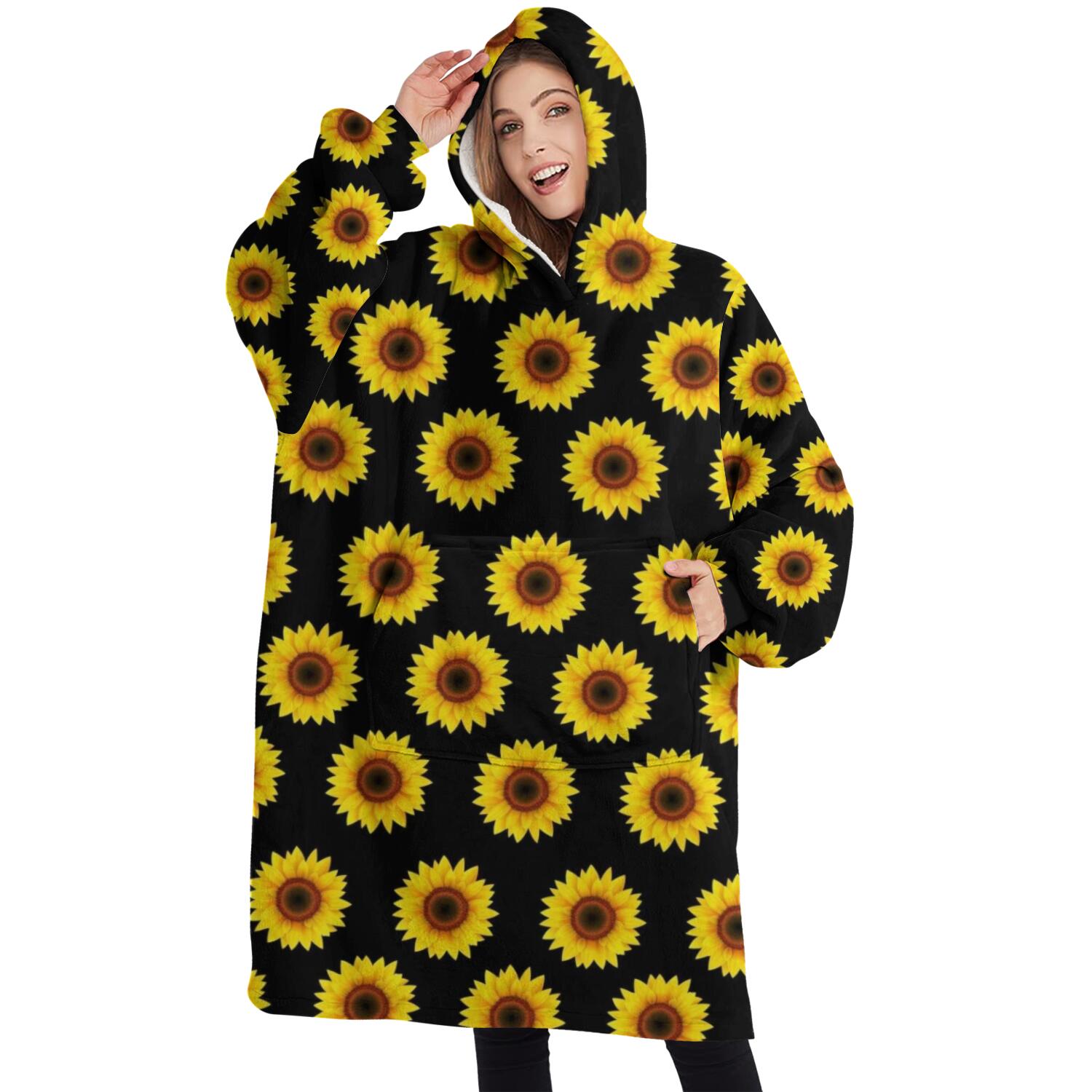 Oversized Wearable Blanket Hoodie,Black Yellow Sunflower Pattern Sherpa Blanket Hoodie with Super Pockets,Super Warm Fuzzy Pullover for Women & Men