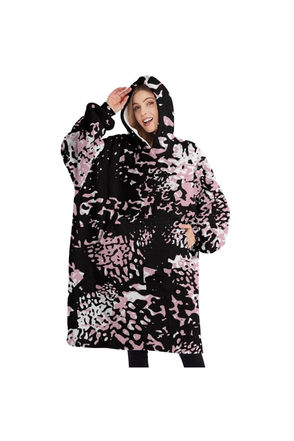Oversized Wearable Blanket Hoodie,Black and Pink Of Leopard Print Sherpa Blanket Hoodie with Super Pockets,Super Warm Fuzzy Pullover for Women & Men