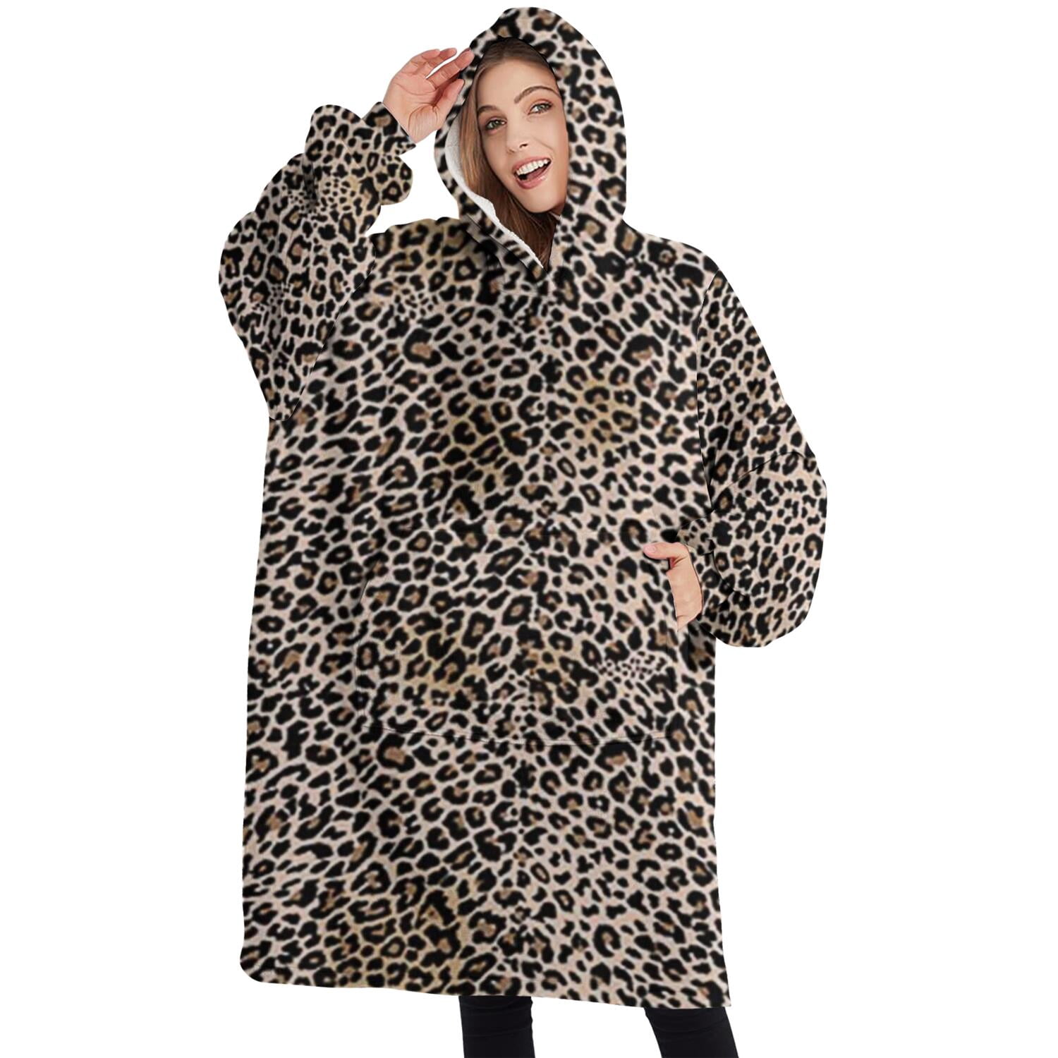 Oversized Wearable Blanket Hoodie,Black and Tan Leopard Print Sherpa Blanket Hoodie with Super Pockets,Super Warm Fuzzy Pullover for Women & Men