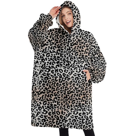 Oversized Wearable Blanket Hoodie,Black and Tan Leopard Print Sherpa Blanket Hoodie with Super Pockets,Super Warm Fuzzy Pullover for Women & Men