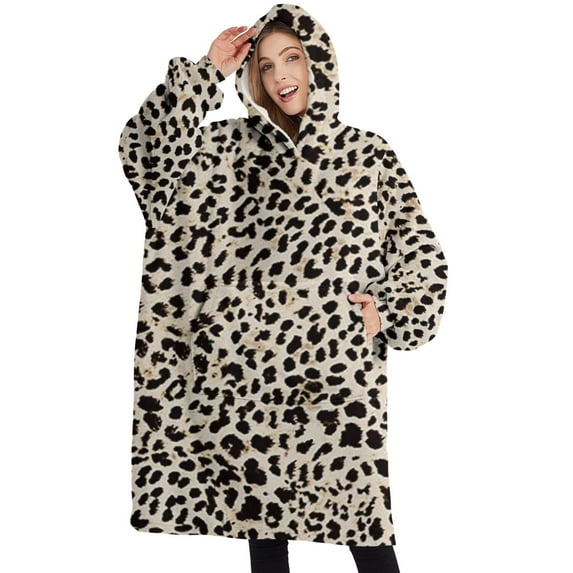 Oversized Wearable Blanket Hoodie,Black and Tan Leopard Print Sherpa Blanket Hoodie with Super Pockets,Super Warm Fuzzy Pullover for Women & Men