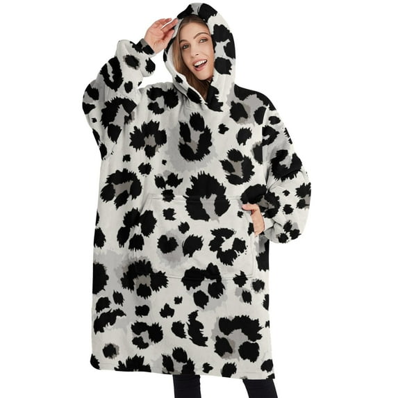 Oversized Wearable Blanket Hoodie,Black and White Leopard Pattern Sherpa Blanket Hoodie with Super Pockets,Super Warm Fuzzy Pullover for Women & Men