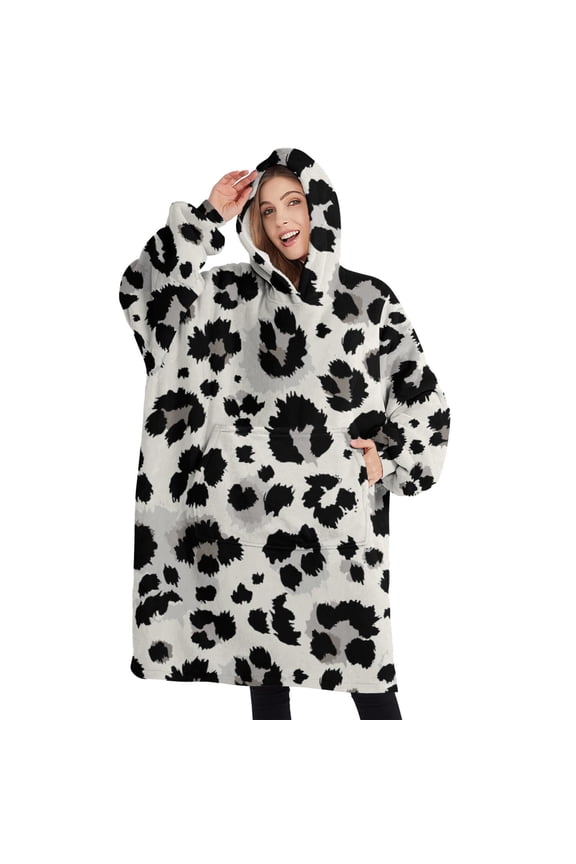 Oversized Wearable Blanket Hoodie,Black and White Leopard Pattern Sherpa Blanket Hoodie with Super Pockets,Super Warm Fuzzy Pullover for Women & Men