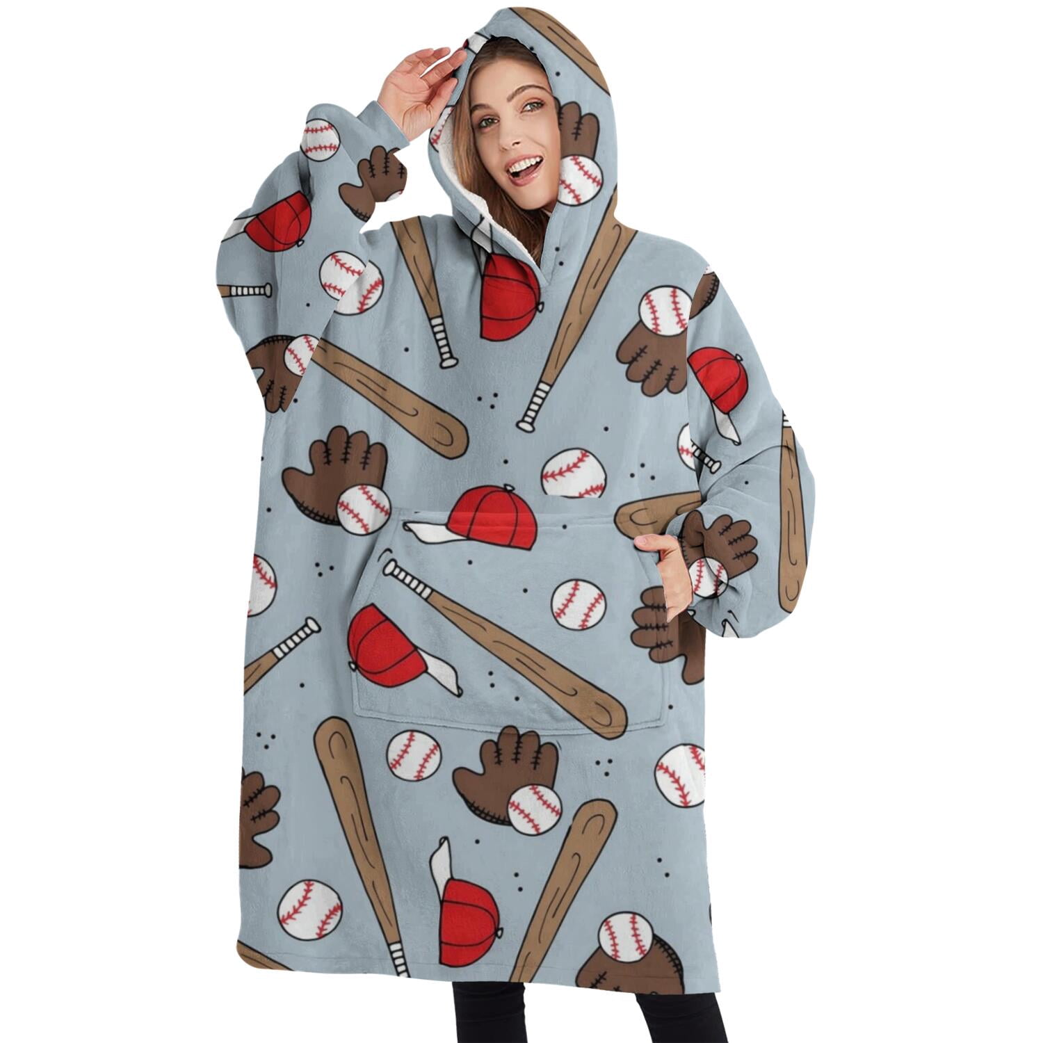 Oversized Wearable Blanket Hoodie,Blue Baseball Gear Pattern Sherpa Blanket Hoodie with Super Pockets,Super Warm Fuzzy Pullover for Women & Men