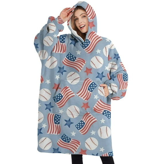 Oversized Wearable Blanket Hoodie,Blue Baseballs and USA Flags Pattern Sherpa Blanket Hoodie with Super Pockets,Super Warm Fuzzy Pullover for Women & Men