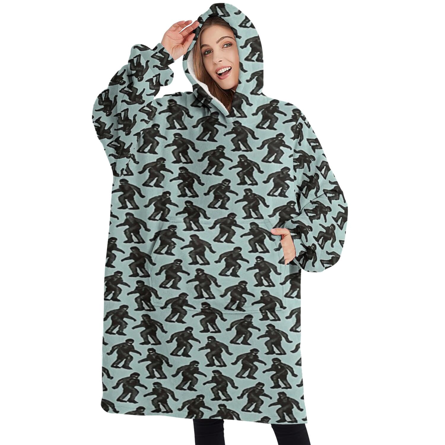 Oversized Wearable Blanket Hoodie,Blue Bigfoot Pattern Sherpa Blanket Hoodie with Super Pockets,Super Warm Fuzzy Pullover for Women & Men