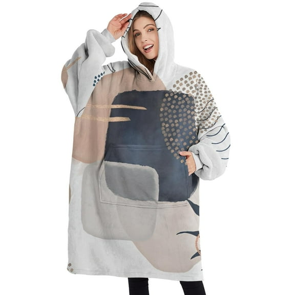 Oversized Wearable Blanket Hoodie,Blue Boho Abstract and Plant Pattern Sherpa Blanket Hoodie with Super Pockets,Super Warm Fuzzy Pullover for Women & Men