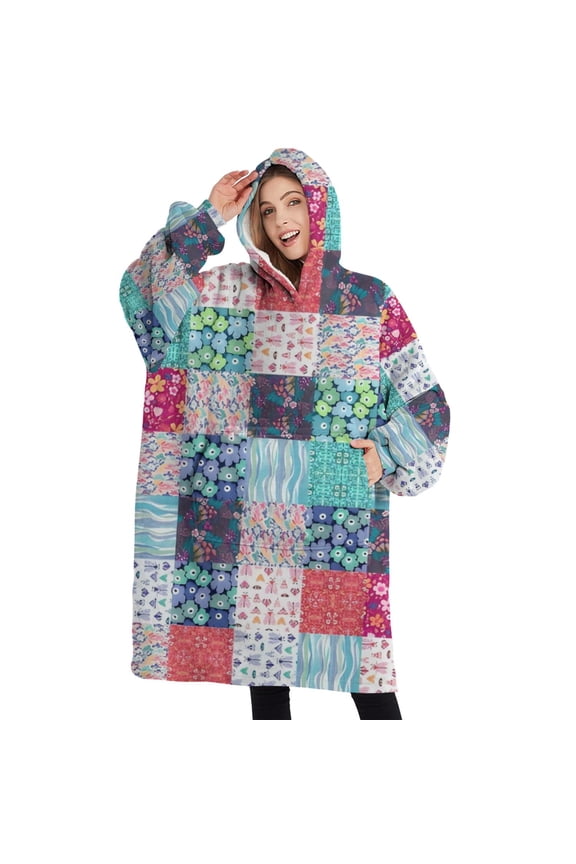 Oversized Wearable Blanket Hoodie,Blue Boho Pioneer Flower Patchwork Pattern Sherpa Blanket Hoodie with Super Pockets,Super Warm Fuzzy Pullover for Women & Men