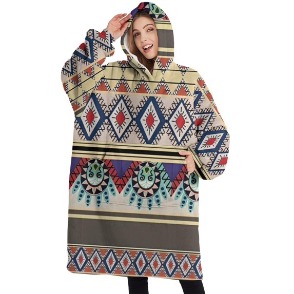 Oversized Wearable Blanket Hoodie,Blue Boho Tribal Masks and Diamonds Pattern Sherpa Blanket Hoodie with Super Pockets,Super Warm Fuzzy Pullover for Women & Men