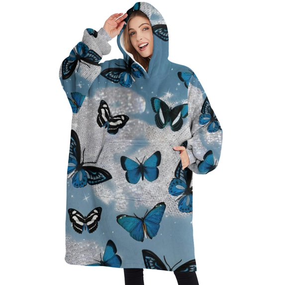 Oversized Wearable Blanket Hoodie,Blue Butterfly Cloud Pattern Sherpa Blanket Hoodie with Super Pockets,Super Warm Fuzzy Pullover for Women & Men
