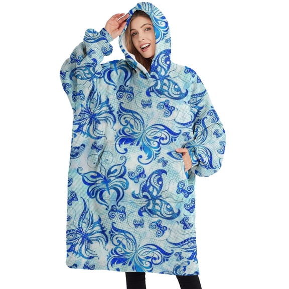 Oversized Wearable Blanket Hoodie,Blue Butterfly Pattern Sherpa Blanket Hoodie with Super Pockets,Super Warm Fuzzy Pullover for Women & Men