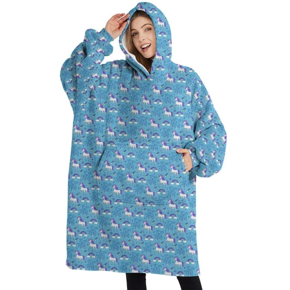 Oversized Wearable Blanket Hoodie,Blue Cartoon Unicorn Pattern Sherpa Blanket Hoodie with Super Pockets,Super Warm Fuzzy Pullover for Women & Men