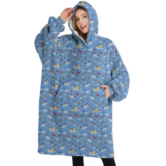 Oversized Wearable Blanket Hoodie,Blue Cartoon Unicorn Rainbow Cloud Pattern Sherpa Blanket Hoodie with Super Pockets,Super Warm Fuzzy Pullover for Women & Men