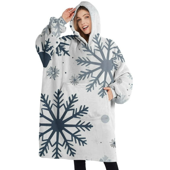 Oversized Wearable Blanket Hoodie,Blue Christmas Snowflake Pattern Sherpa Blanket Hoodie with Super Pockets,Super Warm Fuzzy Pullover for Women & Men