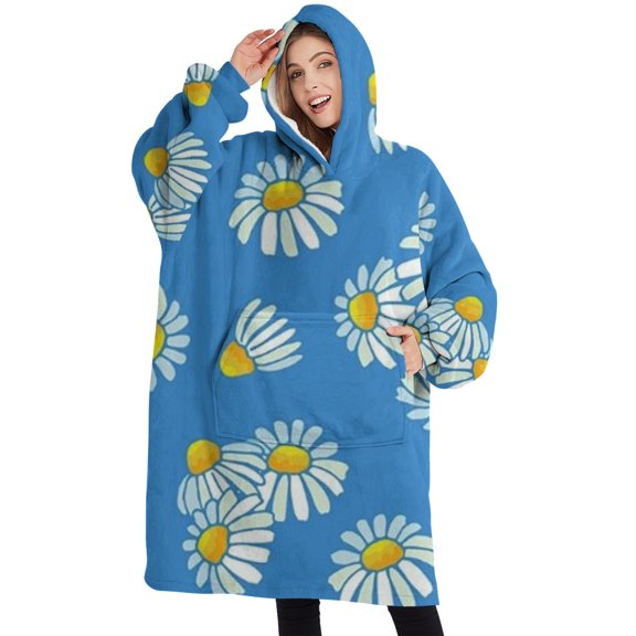 Oversized Wearable Blanket Hoodie,Blue Daisy Flower Floral Pattern Sherpa Blanket Hoodie with Super Pockets,Super Warm Fuzzy Pullover for Women & Men