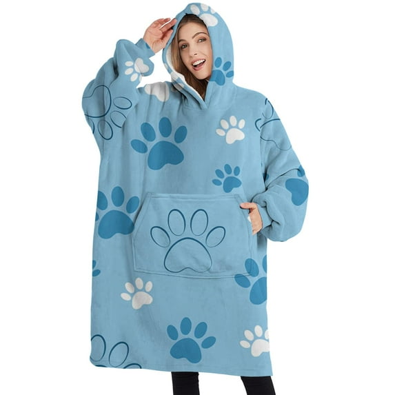 Oversized Wearable Blanket Hoodie,Blue Dog Paw Footprint Sherpa Blanket Hoodie with Super Pockets,Super Warm Fuzzy Pullover for Women & Men
