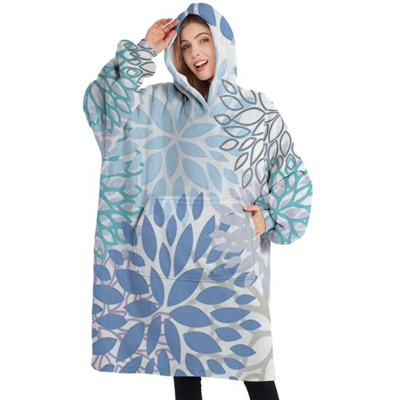 Oversized Wearable Blanket Hoodie,Blue Floral Leaf Pattern Sherpa Blanket Hoodie with Super Pockets,Super Warm Fuzzy Pullover for Women & Men