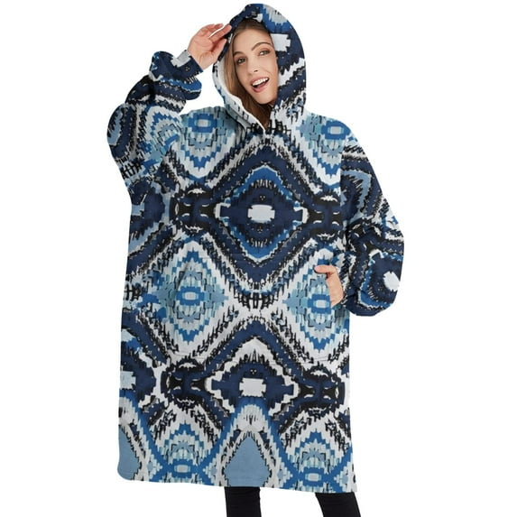 Oversized Wearable Blanket Hoodie,Blue Geometric Pattern Sherpa Blanket Hoodie with Super Pockets,Super Warm Fuzzy Pullover for Women & Men