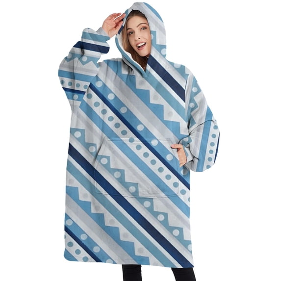 Oversized Wearable Blanket Hoodie,Blue Geometric Stripe Pattern Sherpa Blanket Hoodie with Super Pockets,Super Warm Fuzzy Pullover for Women & Men
