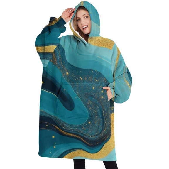 Oversized Wearable Blanket Hoodie,Blue and Gold Marble Wave Art Pattern Sherpa Blanket Hoodie with Super Pockets,Super Warm Fuzzy Pullover for Women & Men