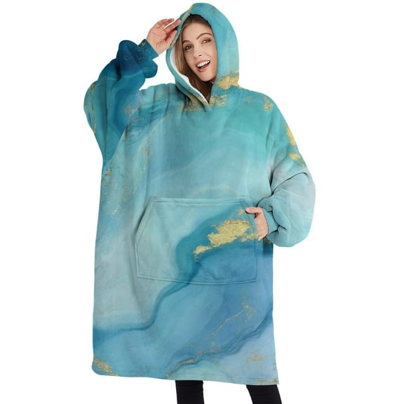 Oversized Wearable Blanket Hoodie,Blue and Gold Marble Wavy Veins Pattern Sherpa Blanket Hoodie with Super Pockets,Super Warm Fuzzy Pullover for Women & Men