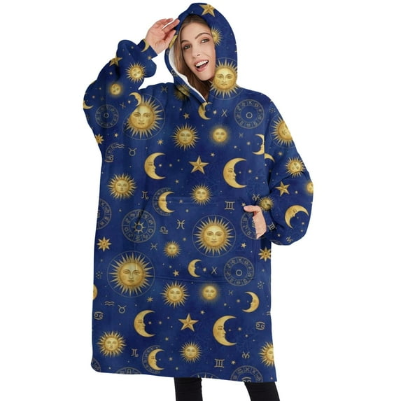 Oversized Wearable Blanket Hoodie,Blue Gold Sun Moon Star Zodiac Pattern Sherpa Blanket Hoodie with Super Pockets,Super Warm Fuzzy Pullover for Women & Men